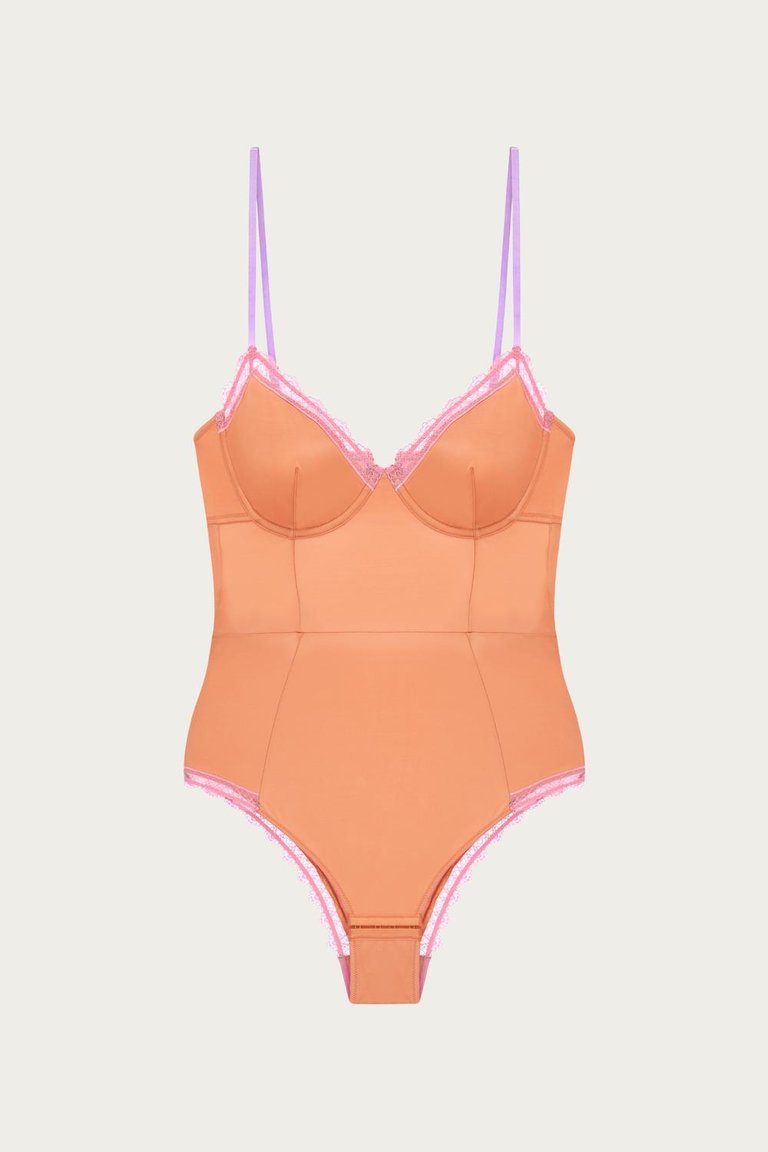 Cydney Lace Trim Underwire Bodysuit In Apricot/Rose Pink/Lilac - Apricot/Rose Pink/Lilac