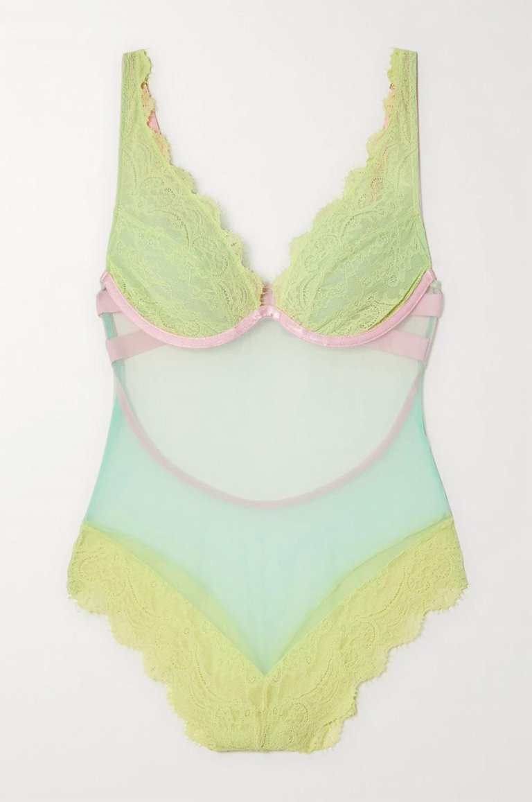 Emelie Lace High Apex Bodysuit In Lime/Sky Blue/Baby Pink - Lime/Sky Blue/Baby Pink