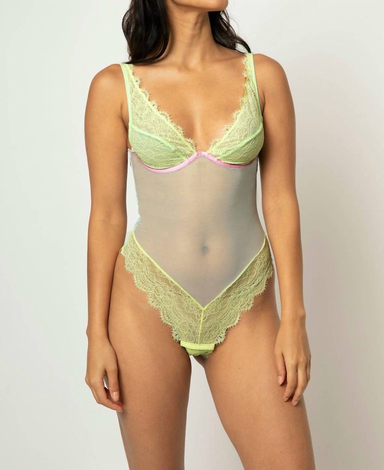 Emelie Lace High Apex Bodysuit In Lime/Sky Blue/Baby Pink