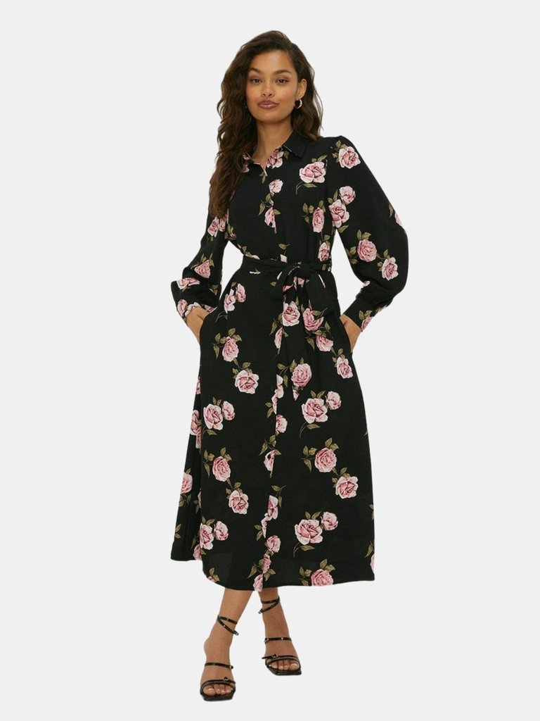 Dorothy Perkins Womens/Ladies Floral Waist Tie Petite Midi Shirt Dress (Black) - Black