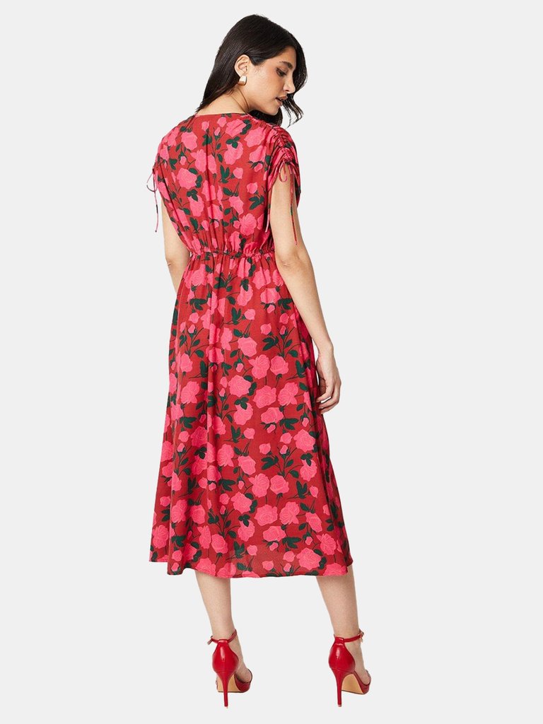 Dorothy Perkins Womens/Ladies Roses V Neck Ruched Midi Dress (Red)