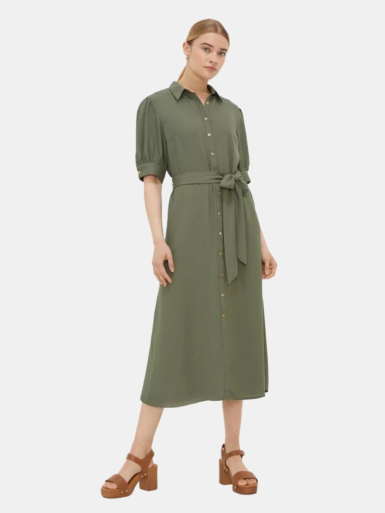 Womens/Ladies Belt Midi Shirt Dress - Khaki