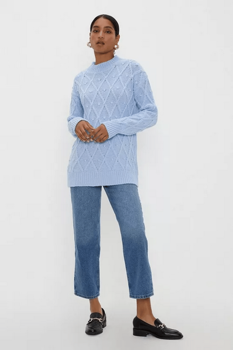 Womens/Ladies Bobble Diamond Stitch Sweater - Light Blue - Light Blue