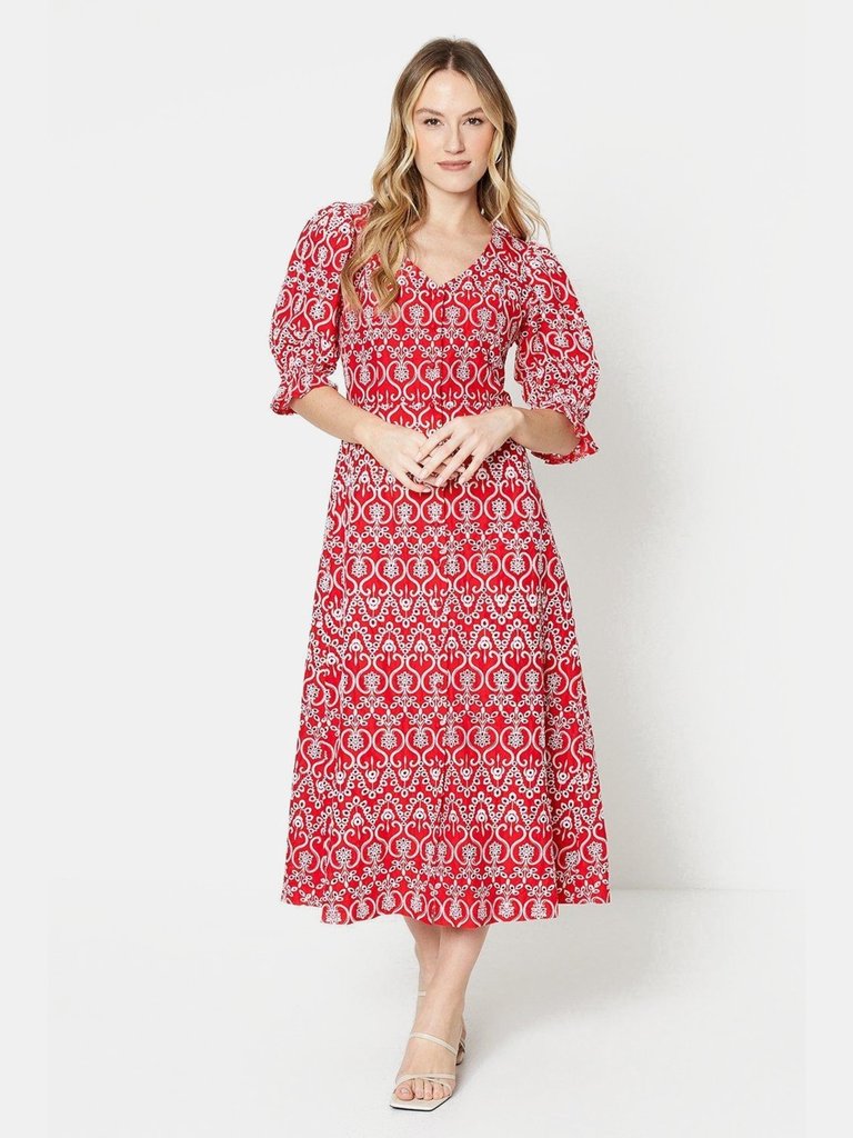 Womens/Ladies Broderie Button Through Midi Dress - Red - Red