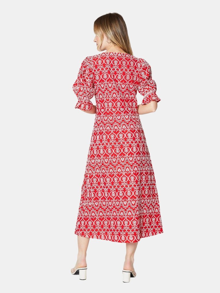 Womens/Ladies Broderie Button Through Midi Dress - Red