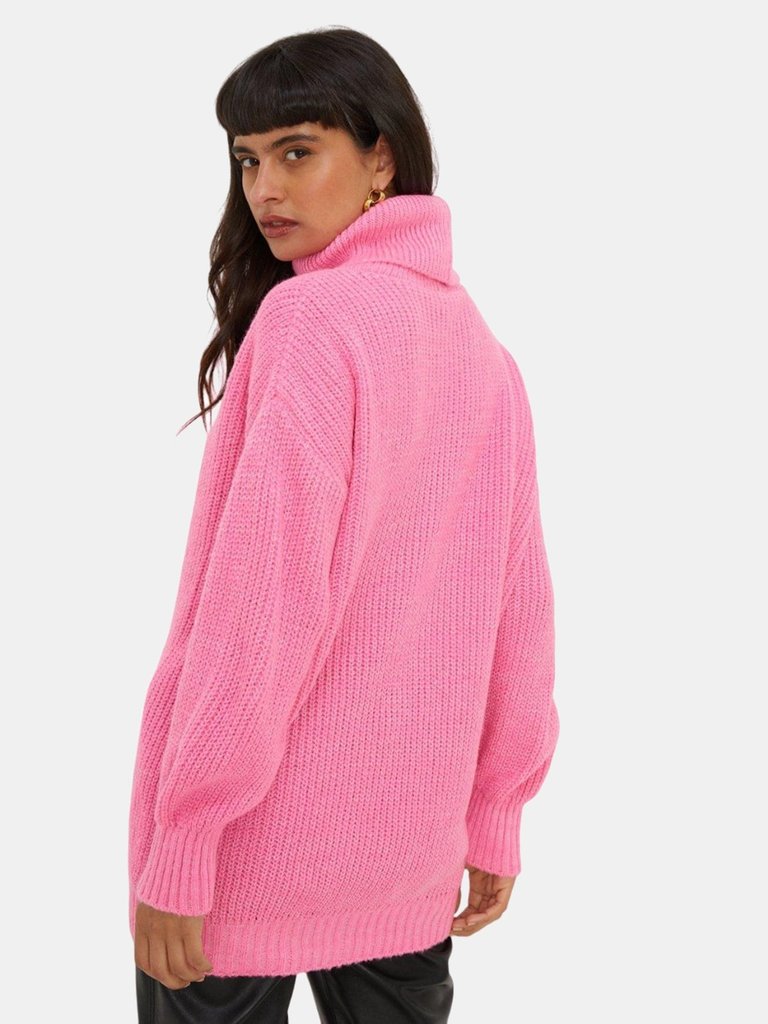 Womens/Ladies Chunky Knit Roll Neck Longline Sweater - Pink