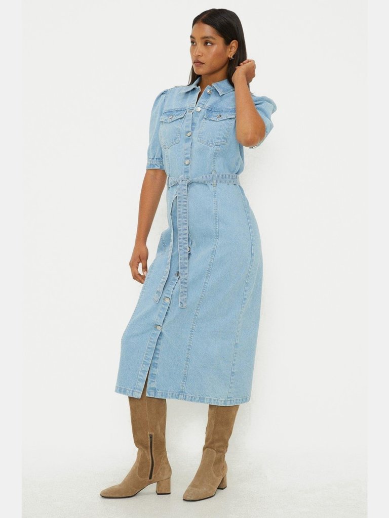 Womens/Ladies Denim Belt Midi Shirt Dress - Mid Wash