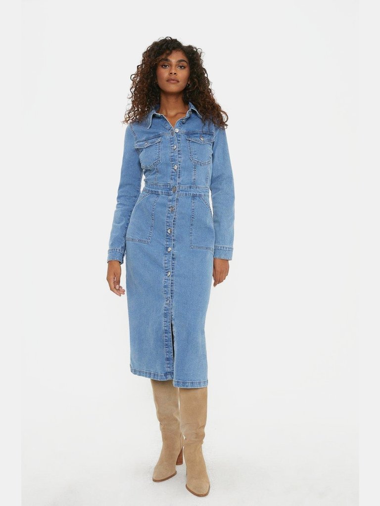 Womens/Ladies Denim Long-Sleeved Shirt Dress - Mid Wash - Mid Wash