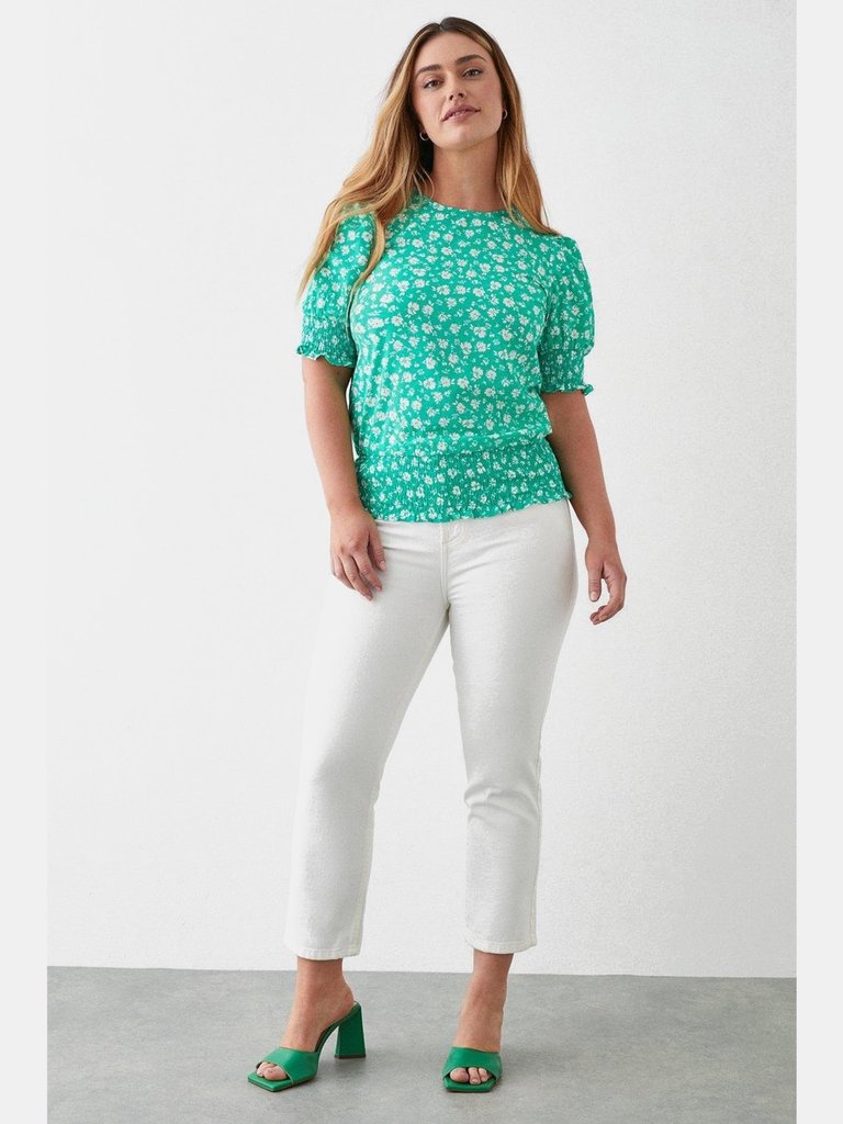 Womens/Ladies Ditsy Print Shirred Top - Green - Green