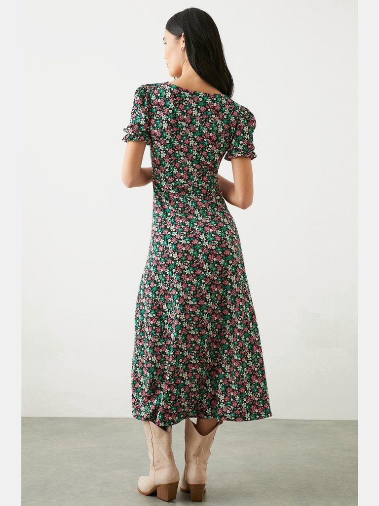 Womens/Ladies Ditsy Print V Neck Short-Sleeved Midi Dress