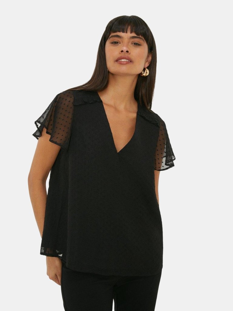 Womens/Ladies Dobby Chiffon Angel Sleeve Blouse Top - Black - Black