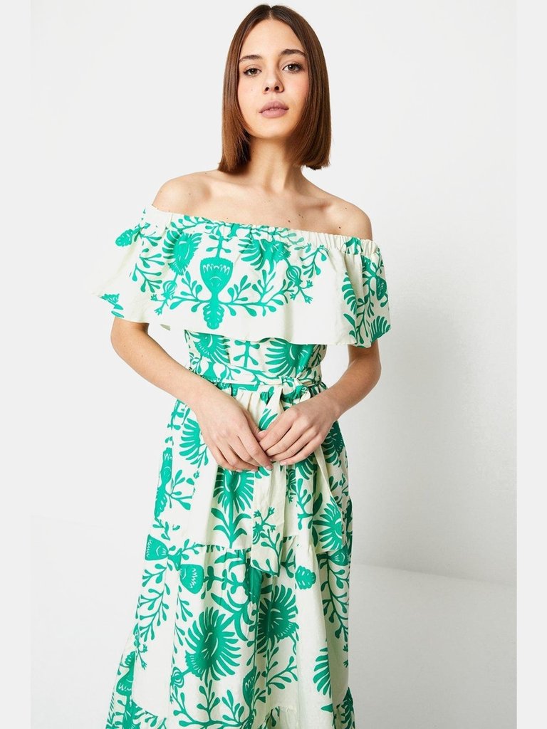 Womens/Ladies Floral Bardot Midi Dress - Green - Green