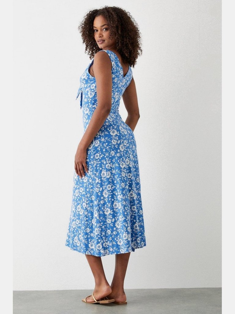 Womens/Ladies Floral Button Through Midi Dress - Blue