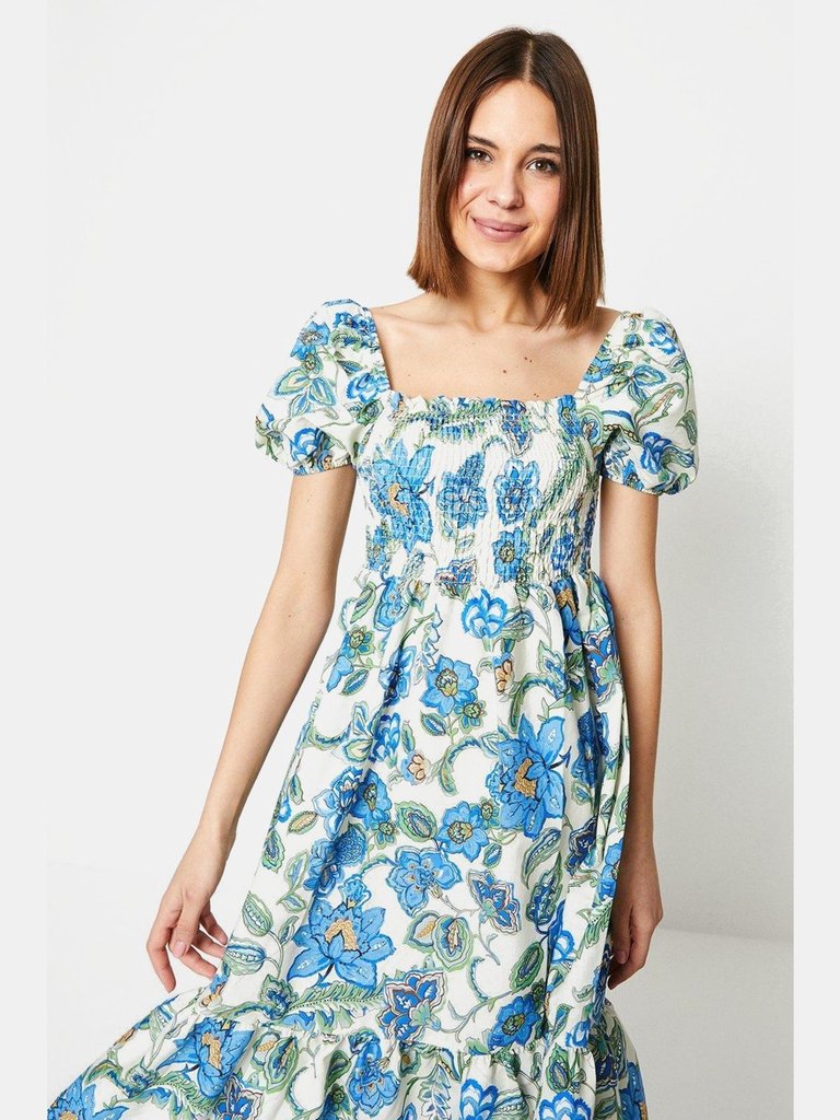 Womens/Ladies Floral Puff Sleeve Midi Dress - Blue/Green