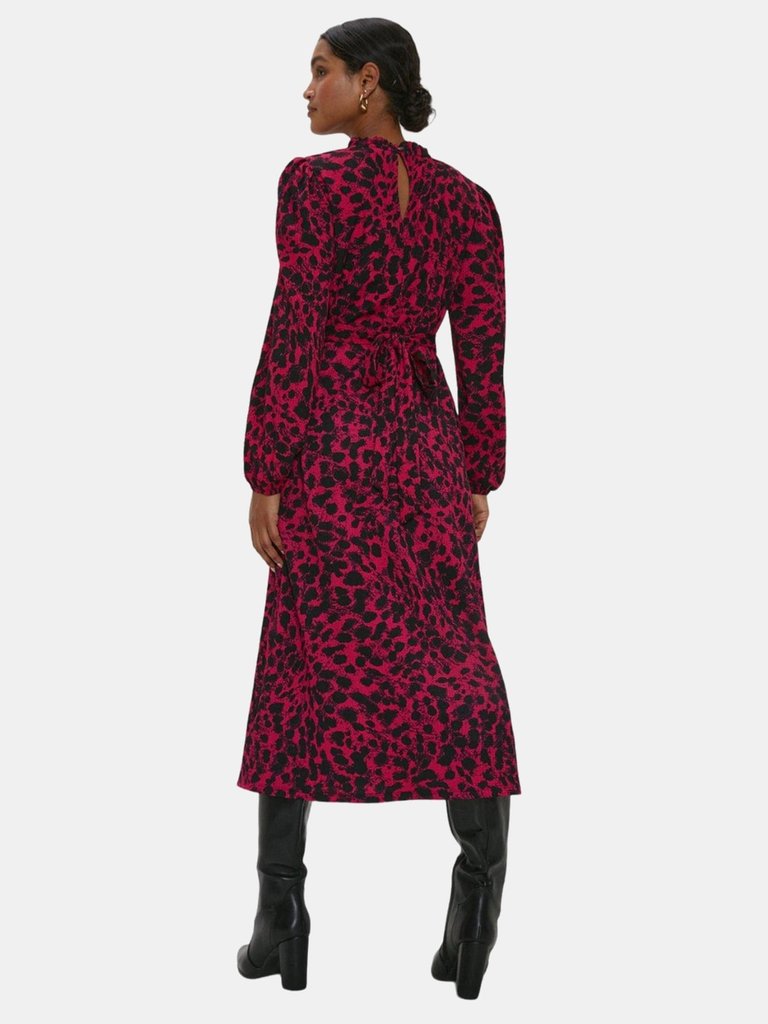 Womens/Ladies Leopard Print Frill Neck Midi Dress