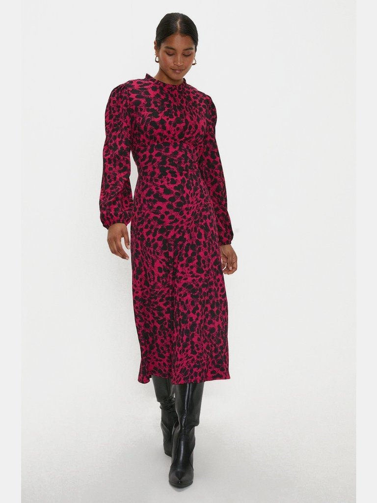 Womens/Ladies Leopard Print Frill Neck Midi Dress - Pink