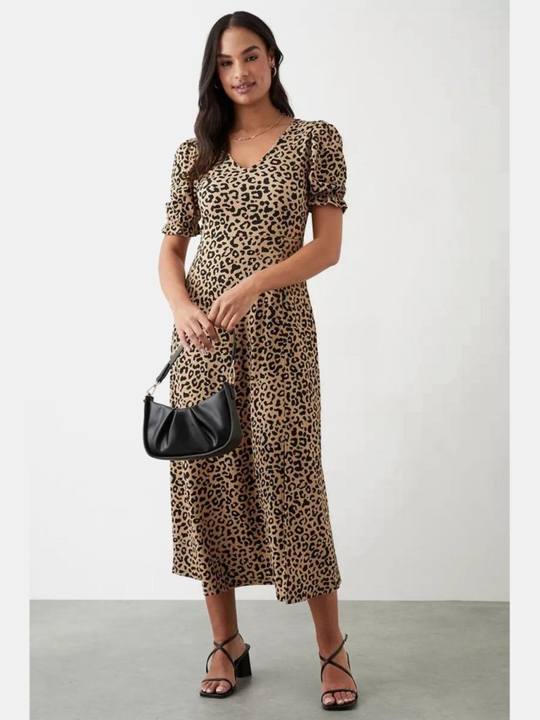 Womens/Ladies Leopard Print Short-Sleeved Midi Dress