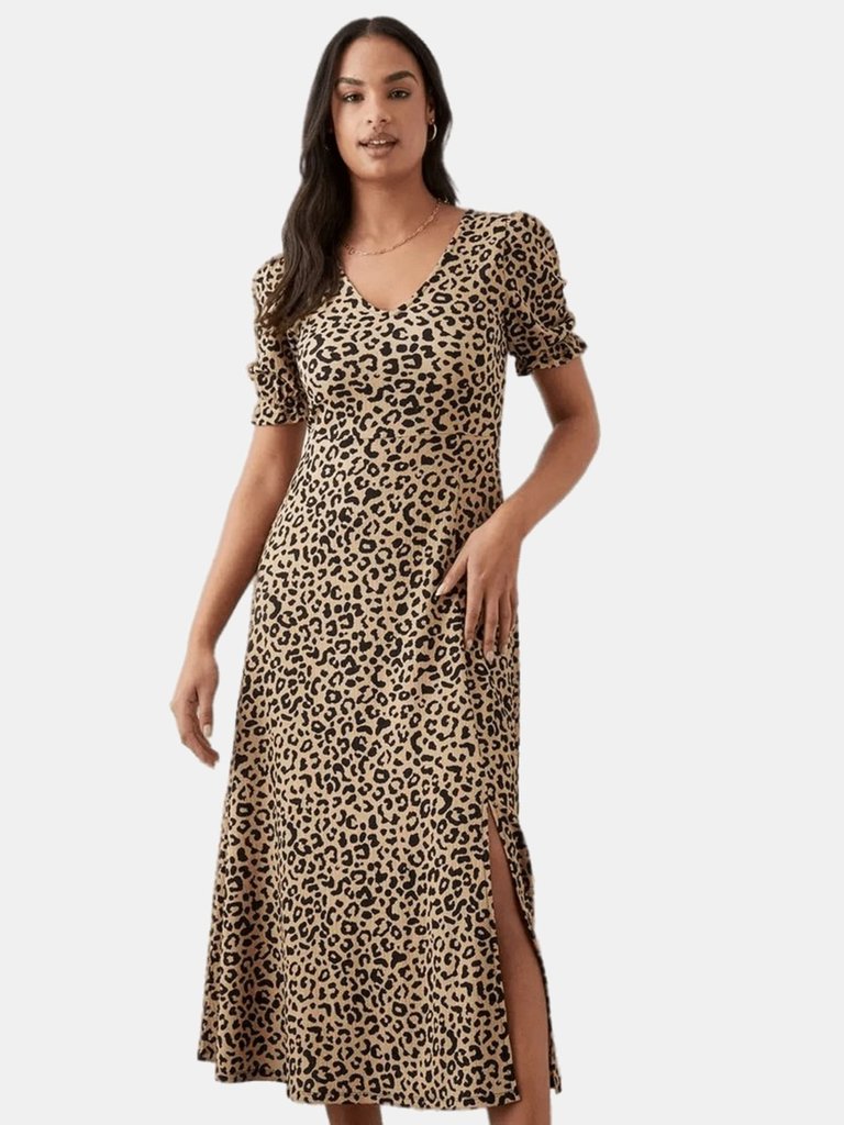 Womens/Ladies Leopard Print Short-Sleeved Midi Dress - Brown/Black