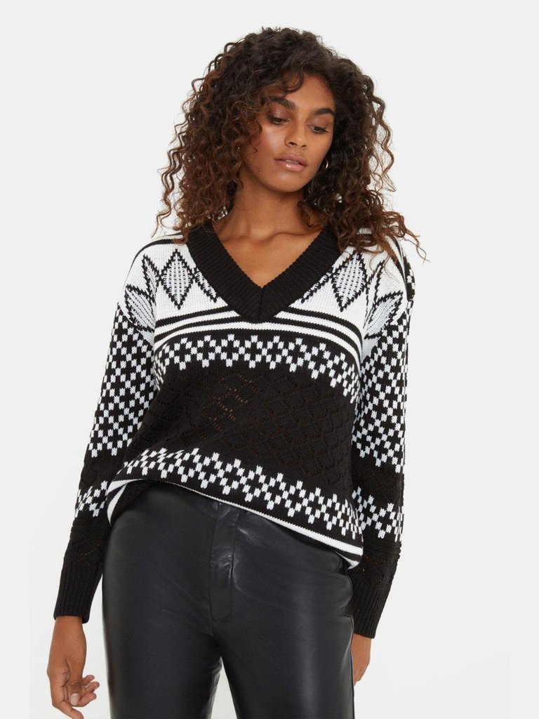 Womens/Ladies Patterned Textured V Neck Sweater - Black/White