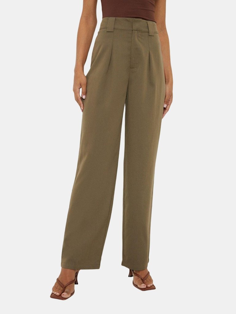 Womens/Ladies Pleat Front Straight Leg Pants - Khaki - Khaki