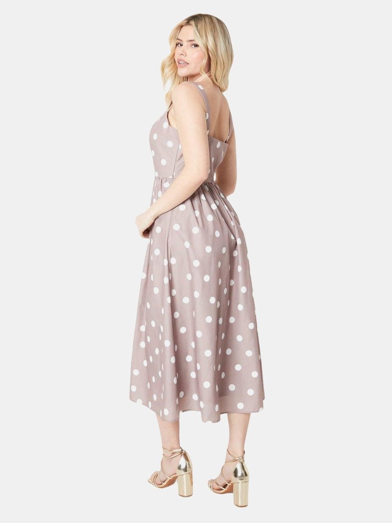 Womens/Ladies Polka Dot Poplin Square Neck Midi Dress