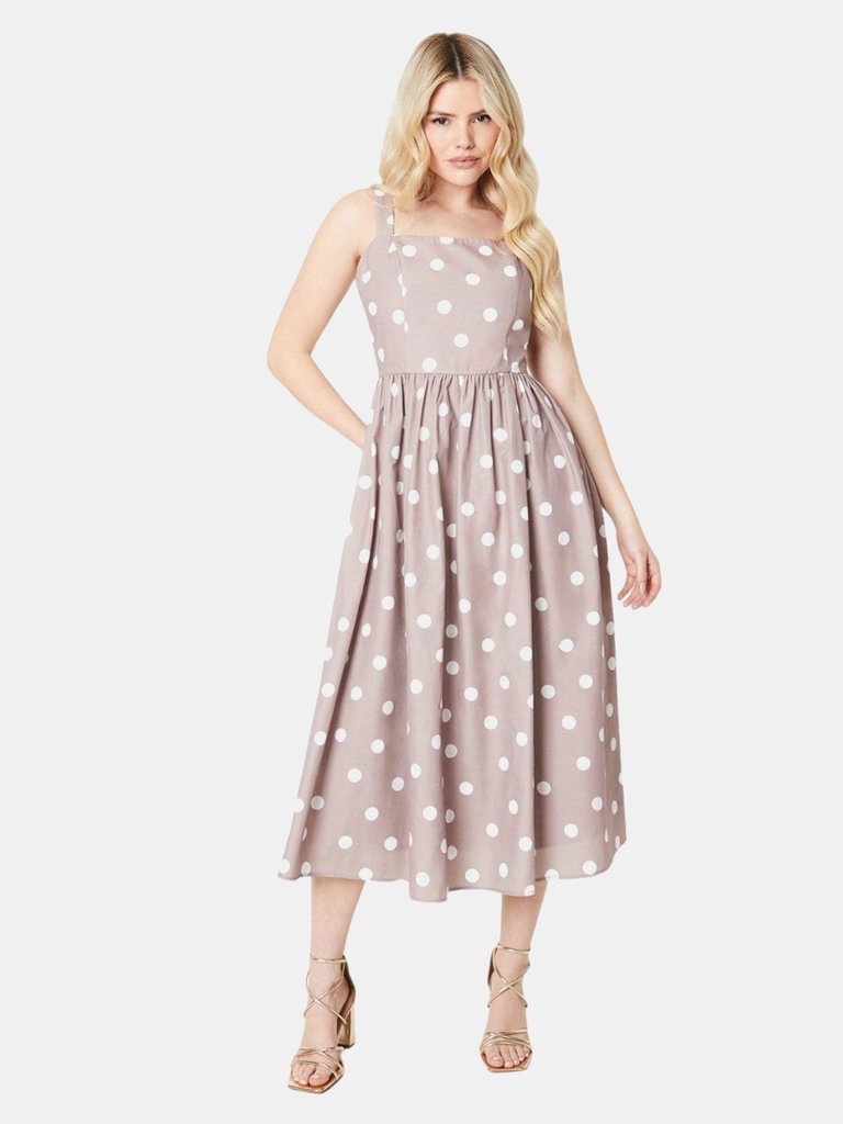 Womens/Ladies Polka Dot Poplin Square Neck Midi Dress - Mocha