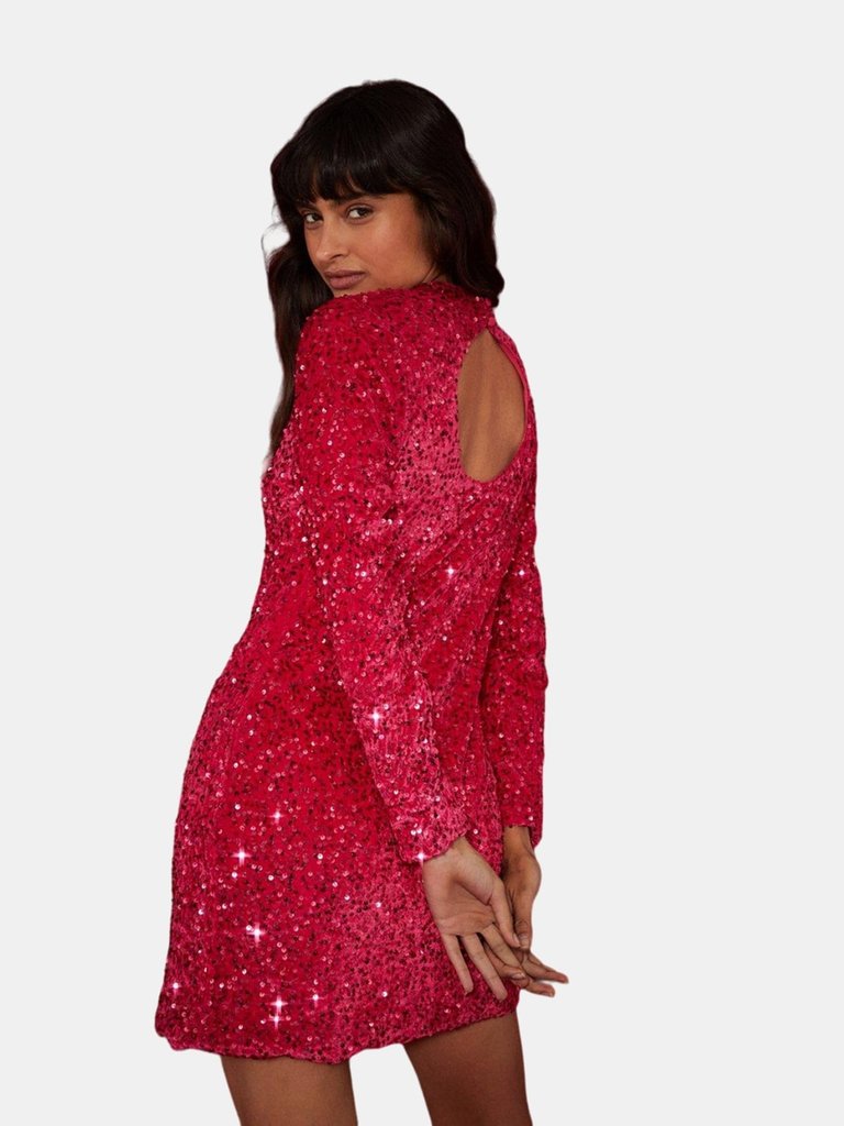 Womens/Ladies Sequin Velvet Petite Mini Dress - Pink