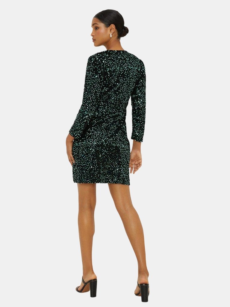 Womens/Ladies Sequin Velvet Wrap Long-Sleeved Mini Dress