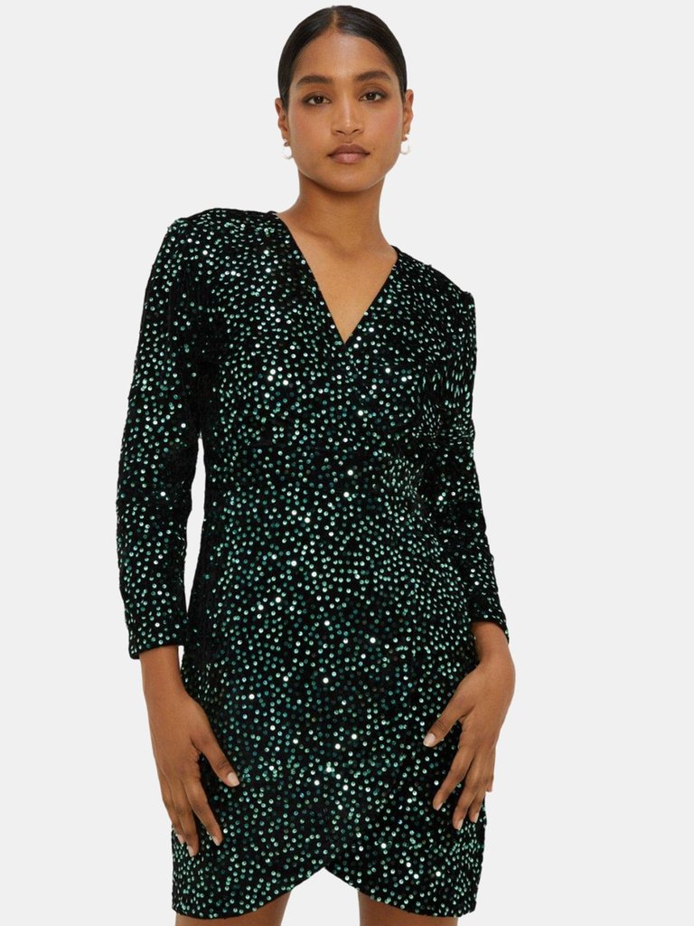 Womens/Ladies Sequin Velvet Wrap Long-Sleeved Mini Dress - Green