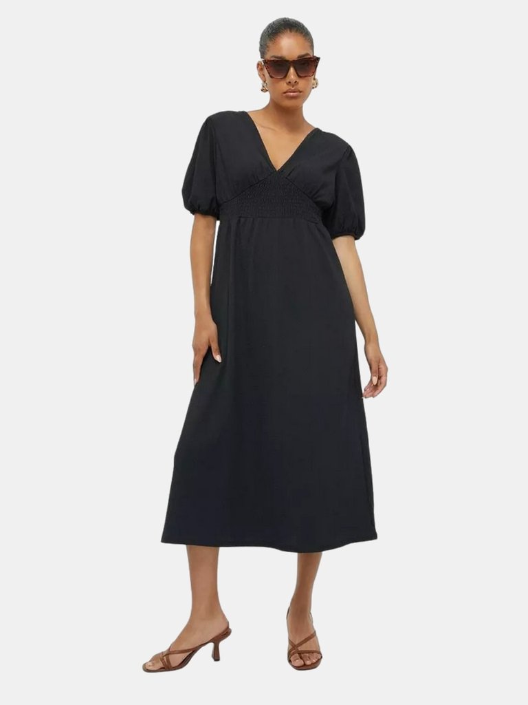 Womens/Ladies Shirred Waist Midi Dress - Black