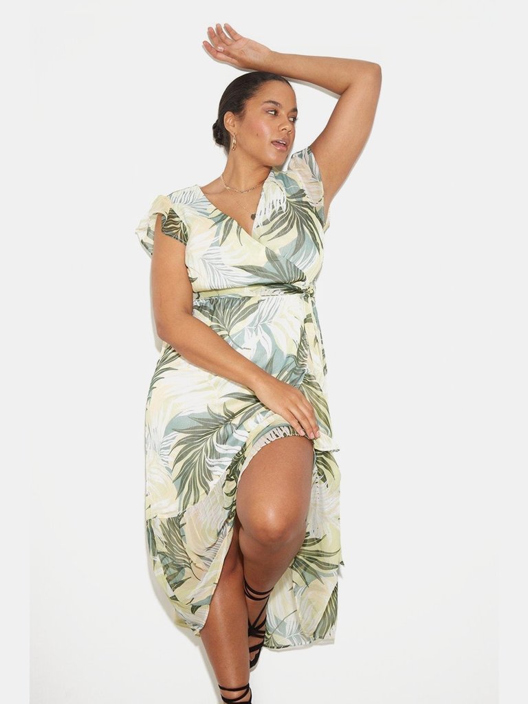 Womens/Ladies Tropical Ruffle Hem Plus Midi Dress - Green