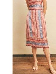 Border Print Midi Skirt In Pink Multi