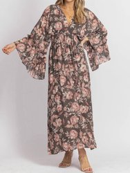 Butterfly Sleeved Maxi Dress - Charcoal Rose