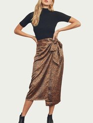 Leopard-Print Satin Wrap Midi Skirt - Charcoal/Camel