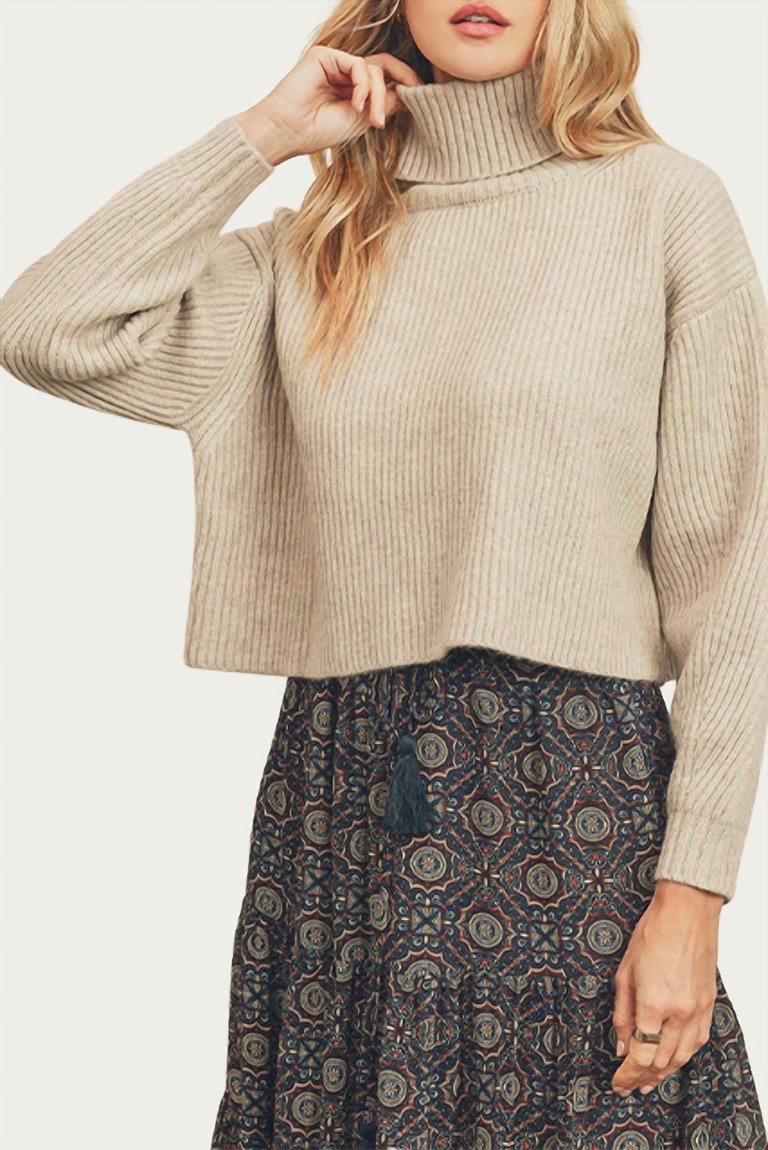 Ribbed-Knit Cropped Turtleneck Sweater - Oatmeal