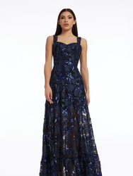Anabel Sequin Embroidered Gown - Navy