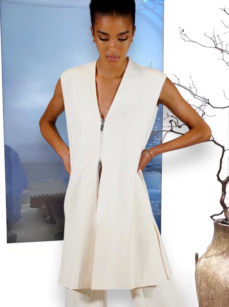 Long Vest with Two-Way Front Zip - The Thames - Pearl