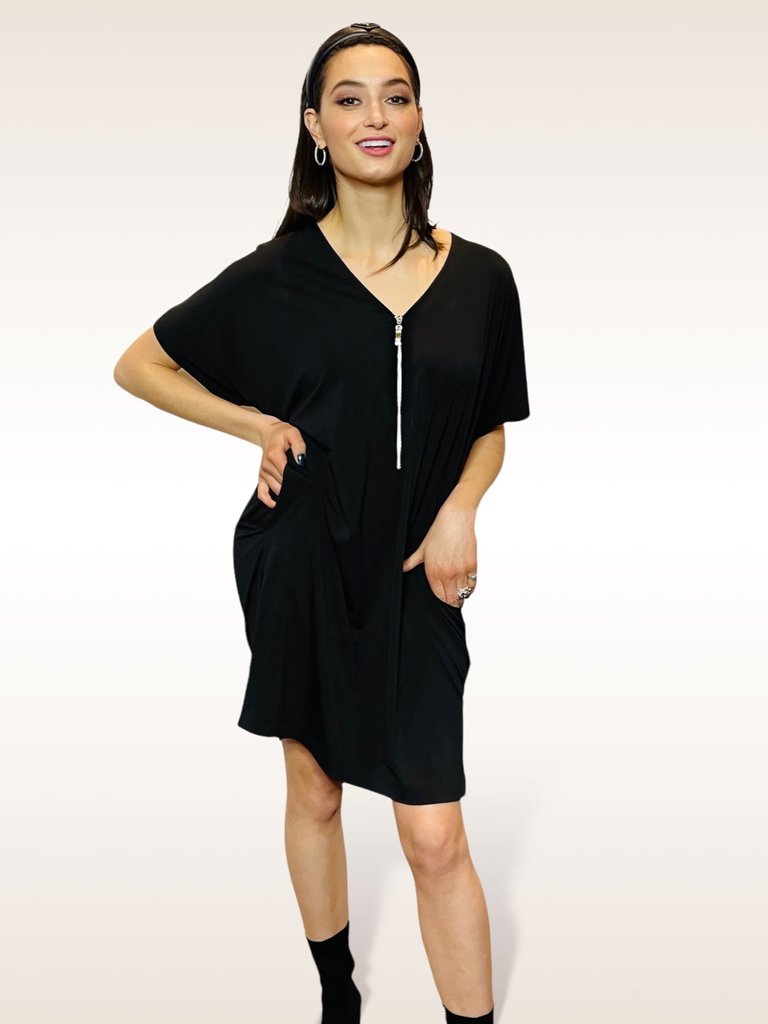 Relaxed Stretch Jersey Zip Front Tunic Dress - The Watts - Black