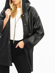 Vegan Leather Snap Front Hooded Jacket - The Dominic - Black