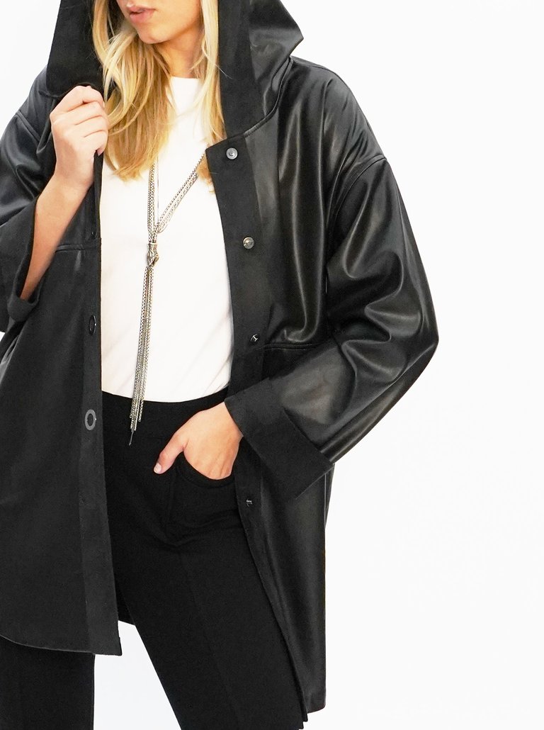 Vegan Leather Snap Front Hooded Jacket - The Dominic - Black