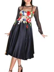Black Silk Chiffon Lace Applique Gown - Black