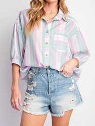 Striped Button Top In Lavender - Lavender