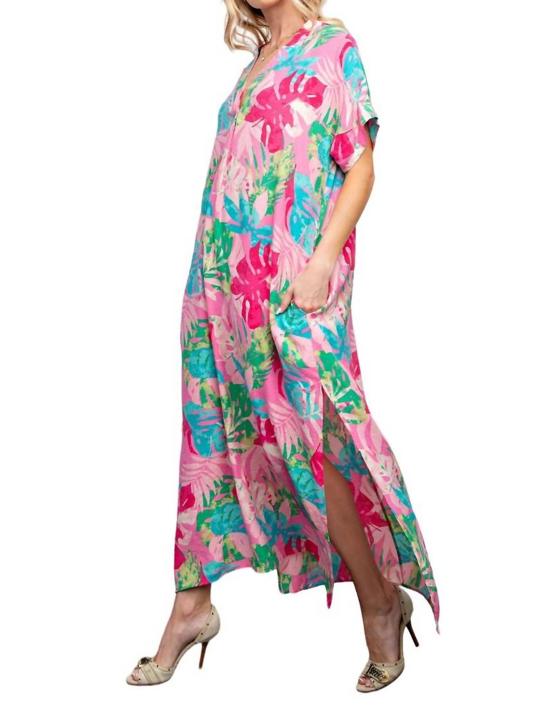 Tropical Print Peach Blossom Maxi Dress In Bubble Gum