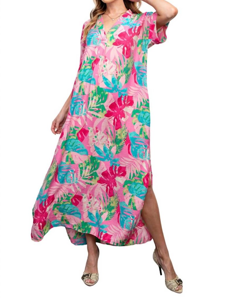 Tropical Print Peach Blossom Maxi Dress In Bubble Gum - Bubble Gum