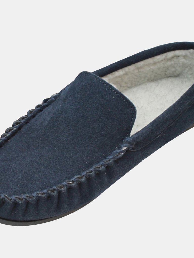 Mens Berber Fleece Lined Suede Moccasins - Navy - Navy