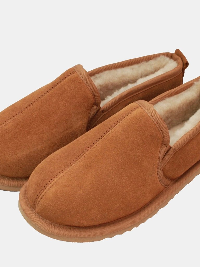 Mens Sheepskin Lined Hard Sole Slippers - Chestnut