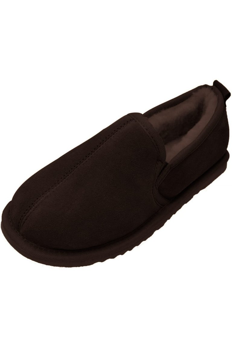 Mens Sheepskin Lined Hard Sole Slippers - Chocolate - Chocolate