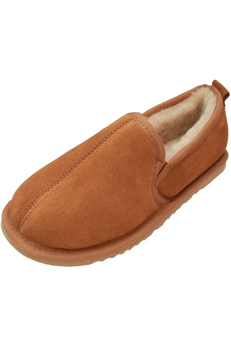 Mens Sheepskin Lined Soft Suede Sole Slippers - Chestnut - Chestnut