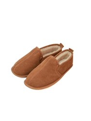Mens Sheepskin Lined Soft Suede Sole Slippers - Chestnut