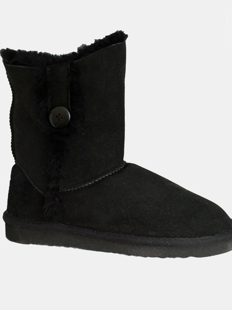 Womens/Ladies Lacey Sheepskin Button Boots - Black - Black